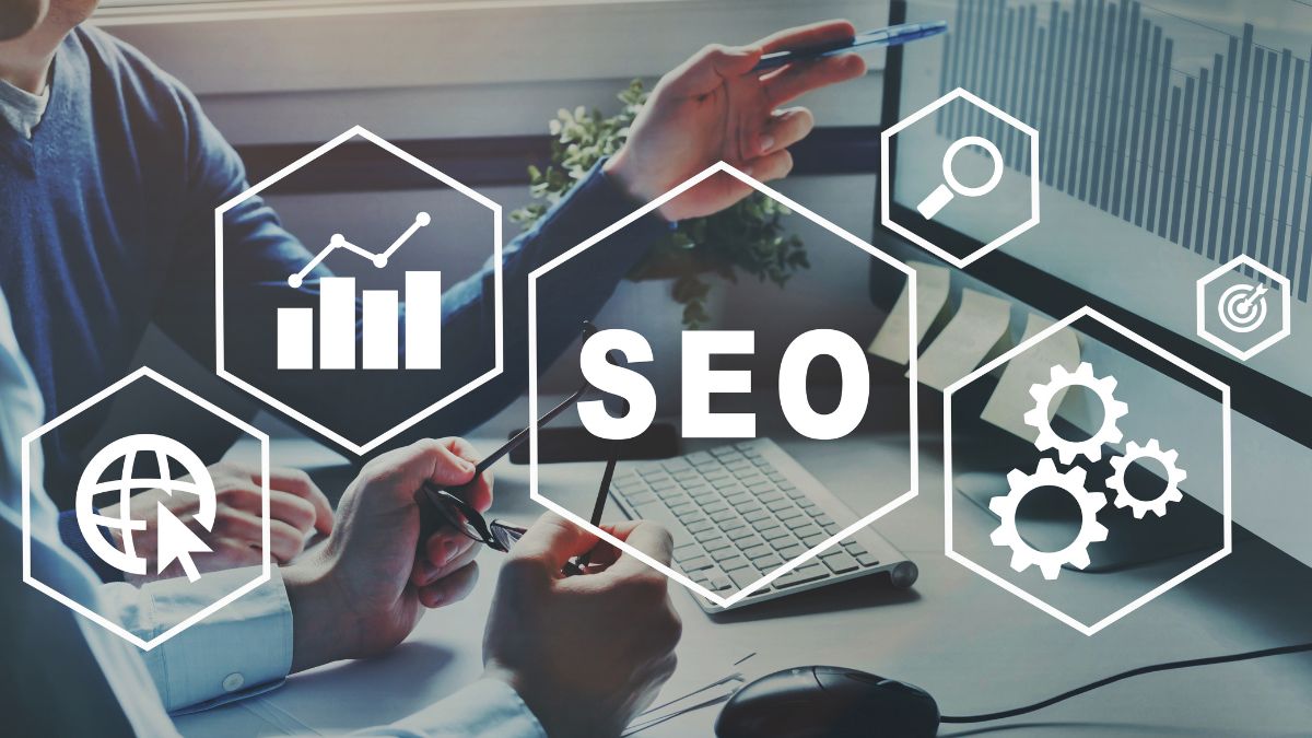 A collage showing icons for SEO, paid advertising, and social media, with the Synkromedia logo and a "get quote" button.